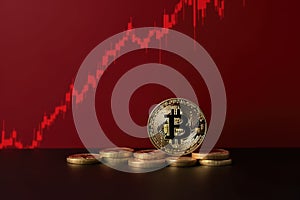The fall in the price of bitcoin against the background of a red abstract virtual background. The collapse of the