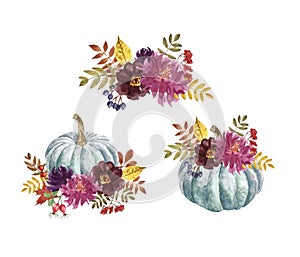 Autumn floral pumpkin decorations. Watercolor hand painted fall flowers pumpkins illustration. Burgundy, red, purple flower