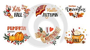 Fall pumpkin elements. Autumn typography. Cute season stickers with text. Cozy scarf. Acorn leaves. Quote decor