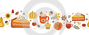 Fall pumpkin pie slice and pumpkin spice latte seamless horizontal border decorated fall leaves, flowers, acorns, berry