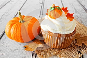 Fall pumpkin spice cupcake with creamy frosting close up against white wood
