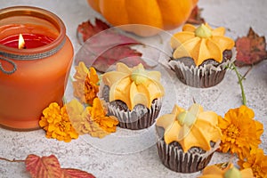 Fall pumpkin spice cupcakes with creamy frosting and autumn toppings.