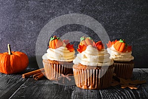 Fall pumpkin spice cupcakes with creamy frosting, side view scene against a dark background