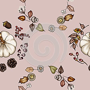 Fall pumpkin wreath on neutral pink background seamless pattern