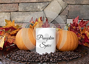 Fall Pumpkins, Leaves and Pumpkins Spice Mug on Table with Rock Background