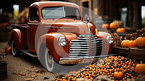 Fall pumpkins surround a vintage truck in a fall barn country setting - generative AI