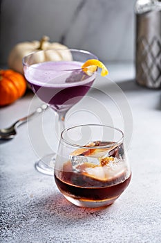 Fall purple gin sour cocktail, violet or purple rain and old fashioned