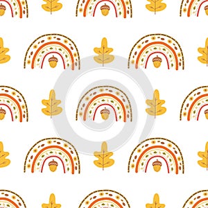 Fall rainbow pattern, fall leaves, acorn Cute autumn seamless background for fall season. Thanksgiving time