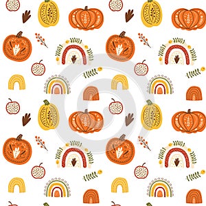 Fall rainbow pumpkin pattern Cute autumn seamless background. Thanksgiving pumpking pattern. Fall rainbow, harvest