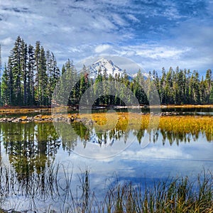 Fall reflections with view of Mount Mcloughlin in Oregon photo