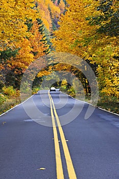 Fall road with car in distance