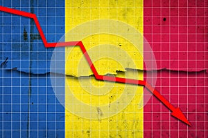 Fall of the Romania Economy. Recession graph with a red arrow on the Romania flag. Economic decline. Decline in the economy of