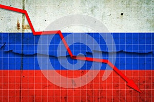 Fall of the Russia Economy. Recession graph with a red arrow on the Russia flag. Economic decline. Decline in the