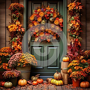 Fall\'s Welcoming Embrace Autumn Wreath and Flower Pot Arrangements, pumpking collection Generative AI\