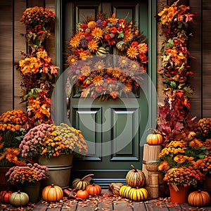Fall's Welcoming Embrace Autumn Wreath and Flower Pot Arrangements, pumpking collection Generative AI