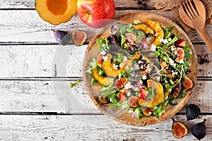 Fall salad with roasted squash, apples, figs and feta cheese. Top view table scene on rustic white wood.