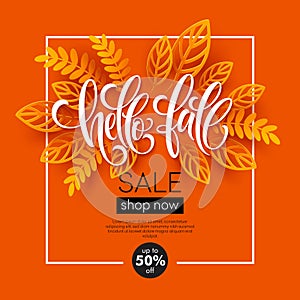 Fall sale background design with colorful paper cut autumn leaves. Vector illustration