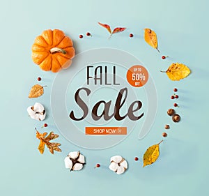 Fall sale banner with autumn leaves and orange pumpkin