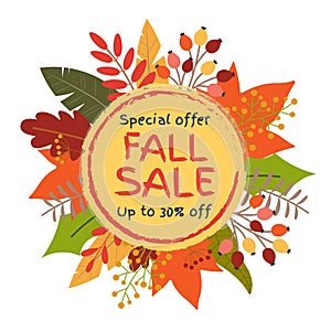 Fall sale banner with leaves. Circle frame for Autumn discount. Up to 30 percent Price off badge or tag with Sptember or October