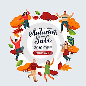 Fall sale poster, banner design template. Autumn frame background. Vector illustration of people and multicolor leaves