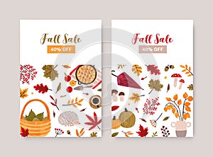 Fall sale poster vector template. Autumn seasonal clearance discount flyers, advertising brochure page design layout