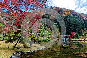 Fall scenery of a beautiful Japanese garden in Shugakuin Imperial Villa Royal Park