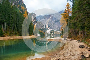 Fall scenery of lake Braies, Dolomite Alps, Italy