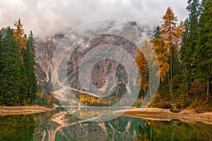 Fall scenery of lake Braies, Dolomite Alps, Italy