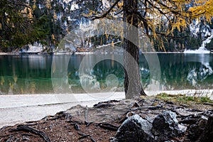 Fall scenery of lake Braies. Lago di Braies at Alps background in South Tyrol in Italy