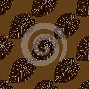 Fall seammless pattern with brown leaf outine shapes on beige background. Simple ornament in autumn tones