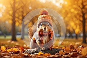 Fall season card with cute squirrel with knitted hat on blurred autumn park landscape. ai generative
