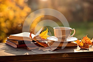 Cup of hot tea and book in the park, autumn leaves , AI Generated