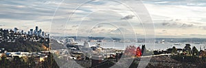 Fall Season Panorama of Elliot Bay Seattle from Magnolia Neighborhoods with Mt Rainier