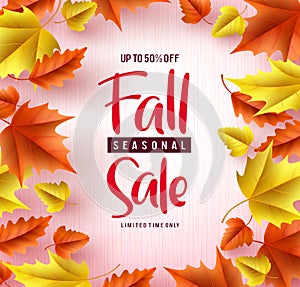 Fall season sale vector banner background. Fall seasonal sale text with colorful maple and oak leaves