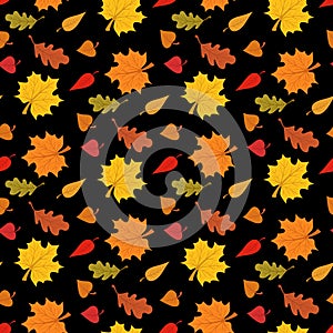 Fall season seamless pattern with leafs on black background vector illustration