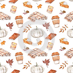 Fall season themed seamless pattern. Pumpkin spice latte coffee cup, pie, warm blanket, candle, pastel pumpkin, leaves on white