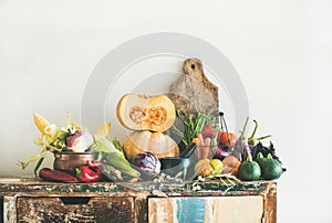 Fall seasonal vegetarian food ingredients variety, copy space
