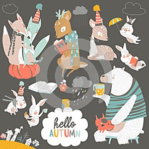 Fall set with cute forest animals in cartoon style
