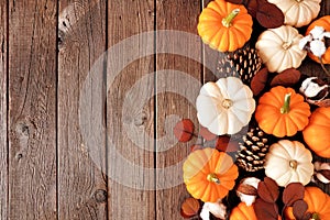 Fall side border of orange and white pumpkins with autumn decor over a rustic dark wood background