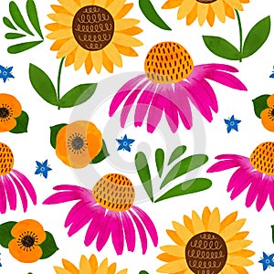 Fall sunflower seamless pattern. Autumn flowers pattern, watercolor echinacea purpurea print. Fall floral repeat