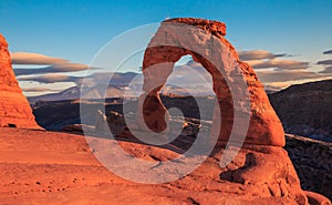 Fall Sunset and Colors on Delicate Arch, Arches National Park, Utah