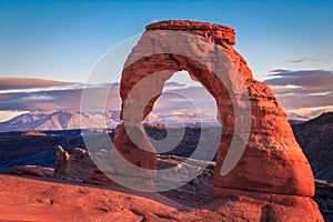 Fall Sunset and Colors on Delicate Arch, Arches National Park, Utah