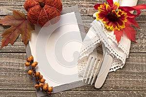 Fall Table Setting with Blank Invite or Menu Card with space or room for your copy, text or design. A horizontal photo with fork,