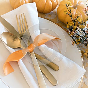 Fall Thanksgiving or Halloween Table Place Setting and pumpkins in Gold tones. Square with warm natural lighting from above lookin