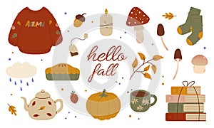 Fall theme vector set. Cute and simple autumn design elements for stickers or greeting cards isolated on white background