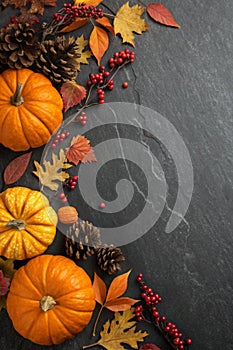 Fall corner border banner of pumpkins and autumn decor on a dark stone background with copy space photo