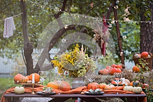 Fall themed holiday table setting arrangement for a seasonal party