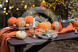 Fall themed holiday table setting arrangement for a seasonal party