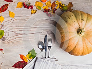 Fall Themed Table Setting Arrangement for a Seasonal Party, Thanksgiving day concept