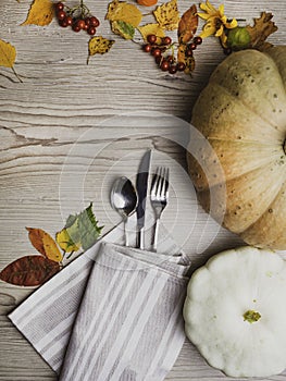 Fall Themed Table Setting Arrangement for a Seasonal Party, Thanksgiving day concept
